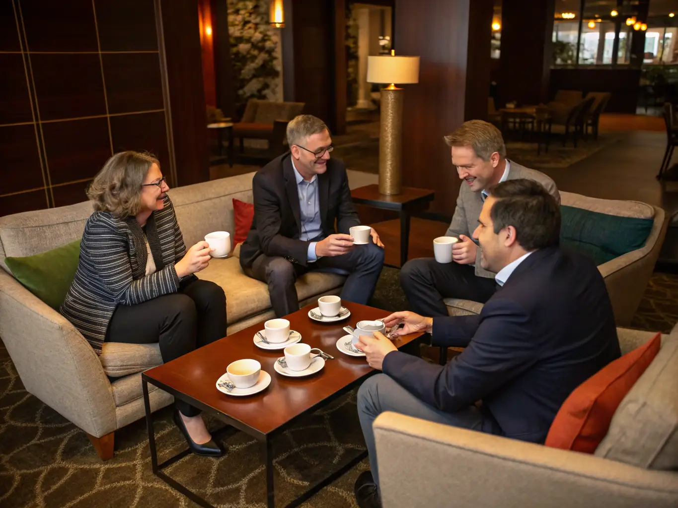 A diverse group of professionals networking during a coffee break at a CIS Region Conference, with laptops and investment documents visible on nearby tables.